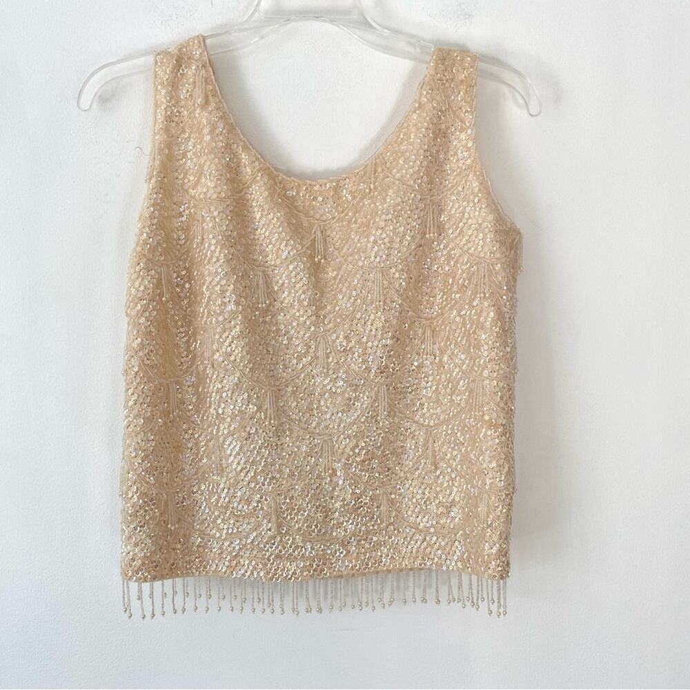 Vintage Cream Ivory Sequin Fringe Beaded Tassel Zip back Wool Top size large
